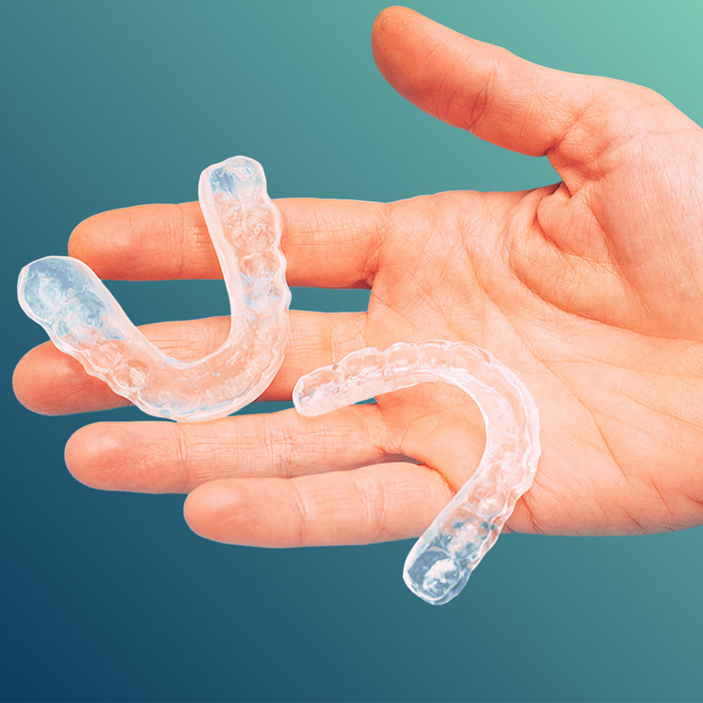 Clear 2mm slim night guard for teeth grinding bruxism and TMJ on gradient background