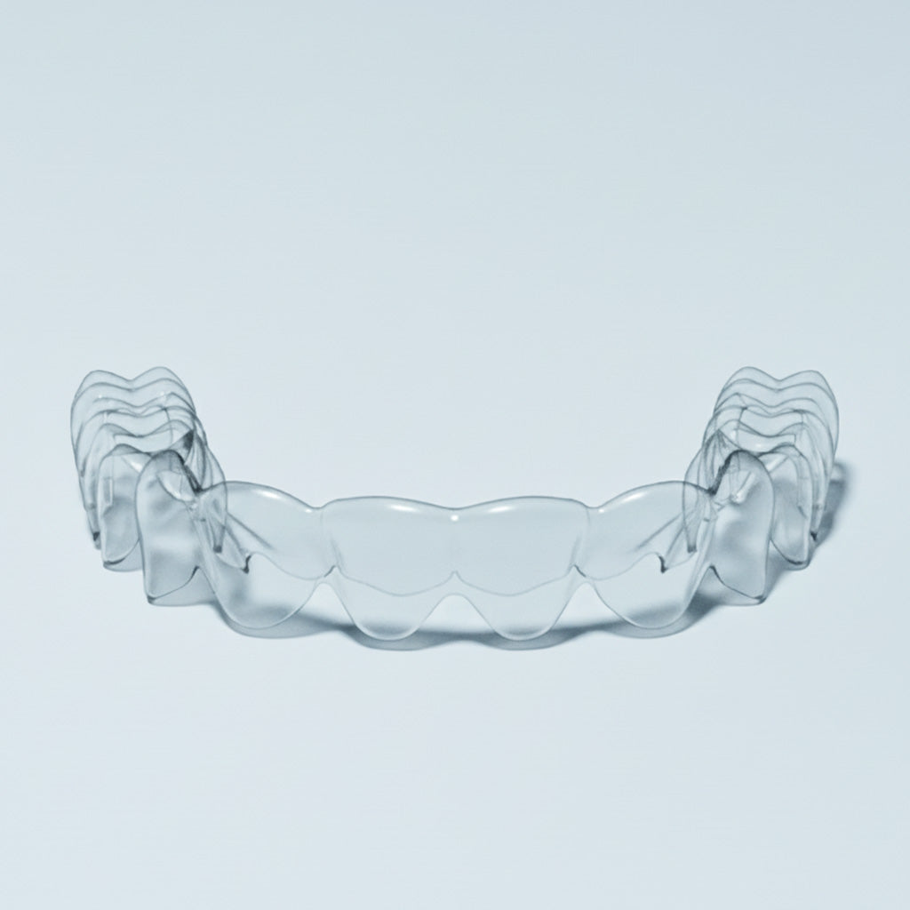 Clear upper essix retainer on blue background