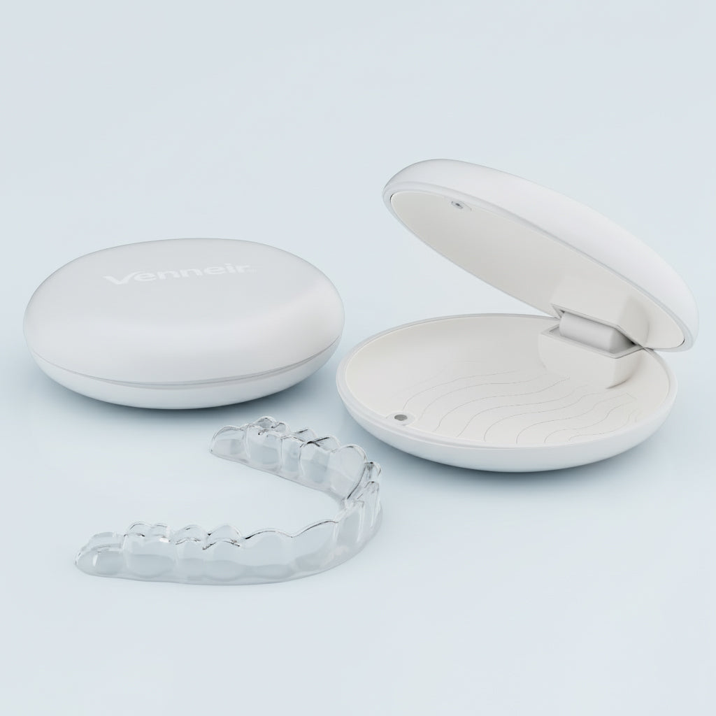 Clear upper retainer with protective storage case on grey background
