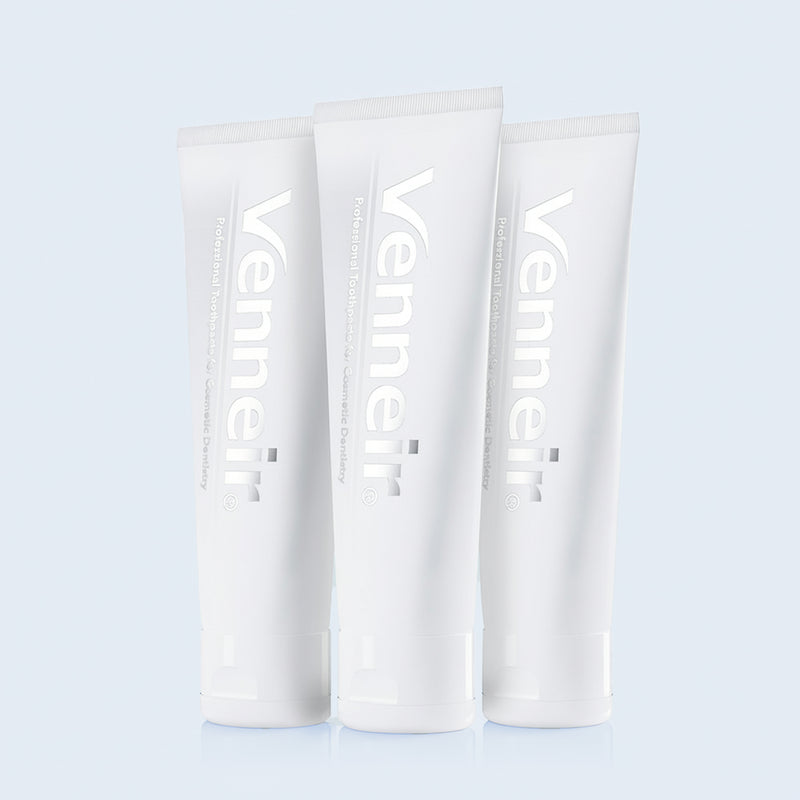 Three pack non-abrasive toothpaste for veneers composite bonding and stain removal on blue background
