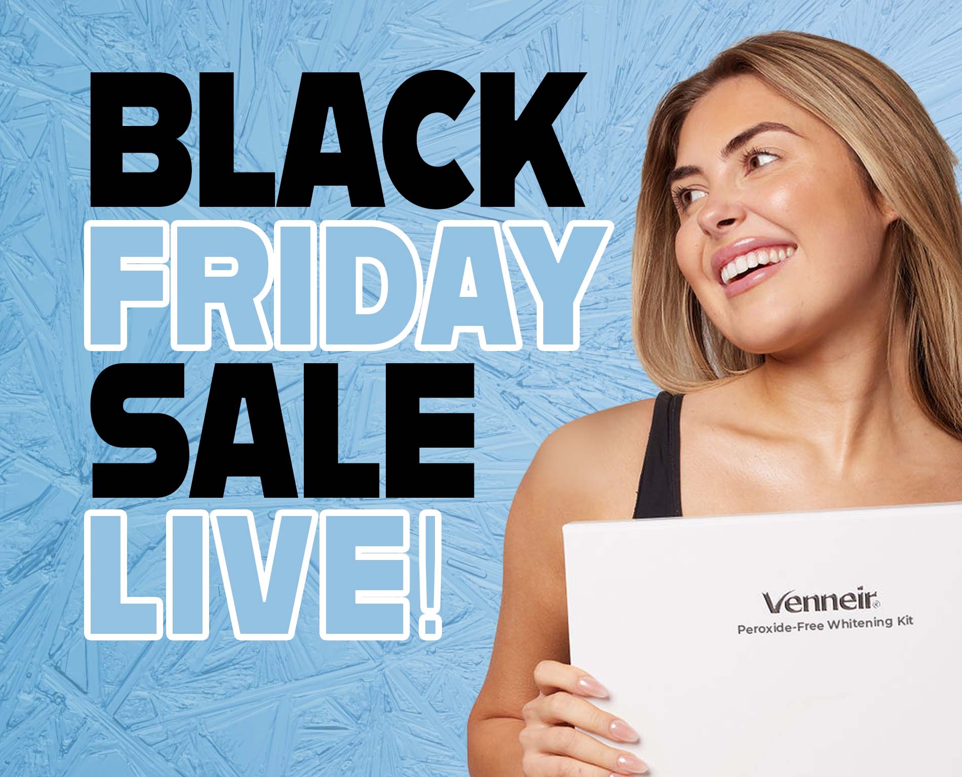Woman holding a product with 'Black Friday Sale Live!' text on a blue background