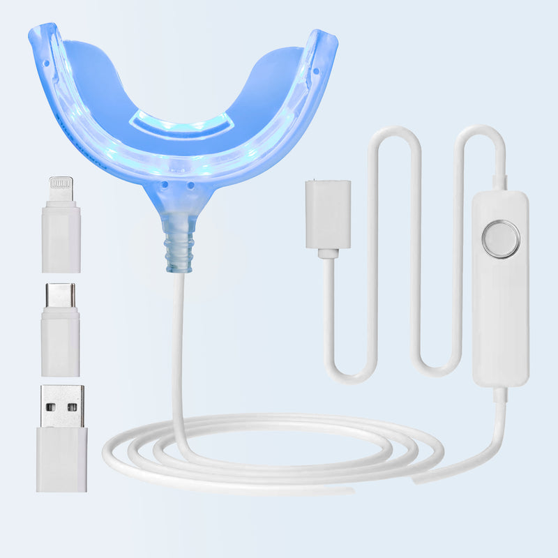U-shaped whitening LED device with USB cable and connectors on a light blue background