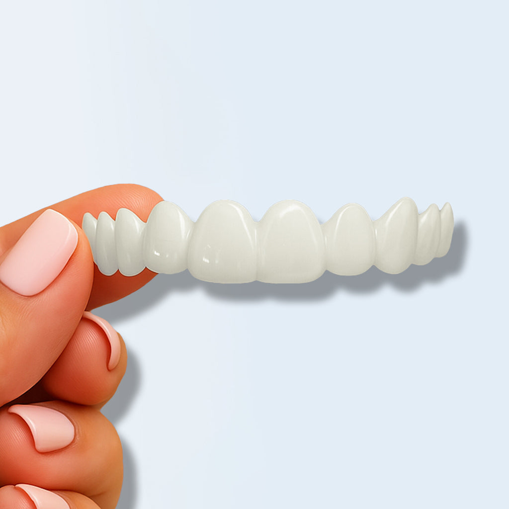 Hand holding a set of white dental click-in veneers against a light blue background