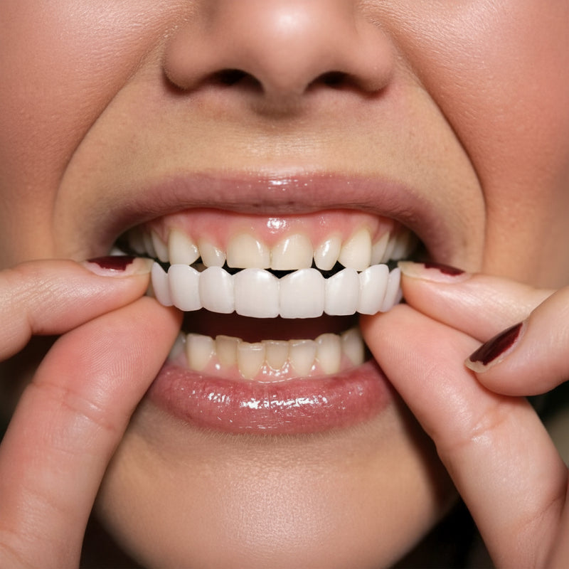 Close-up of a person holding snap on smile against their teeth.

