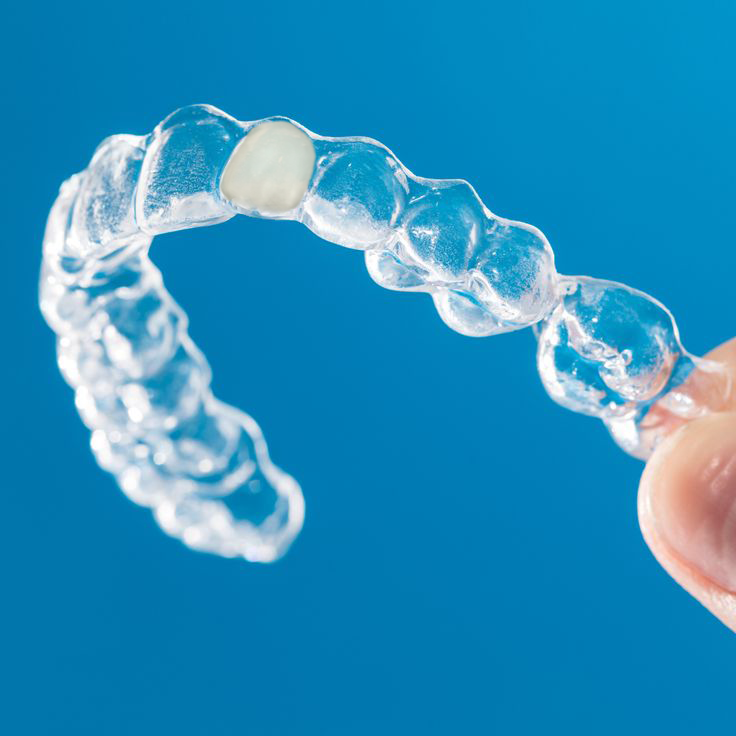 Clear lower retainer with built-in replacement tooth on blue background for missing tooth