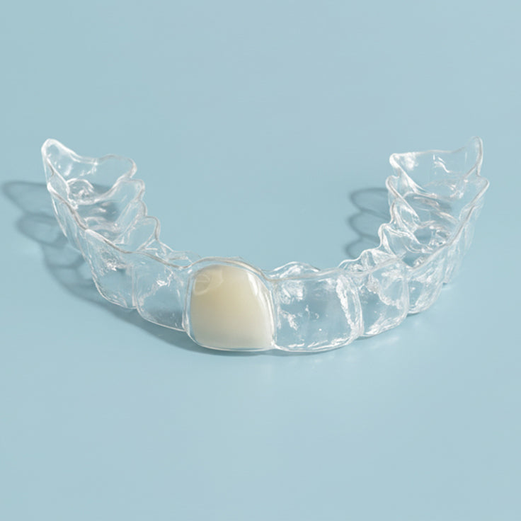 Clear dental retainer with missing tooth on a light blue background