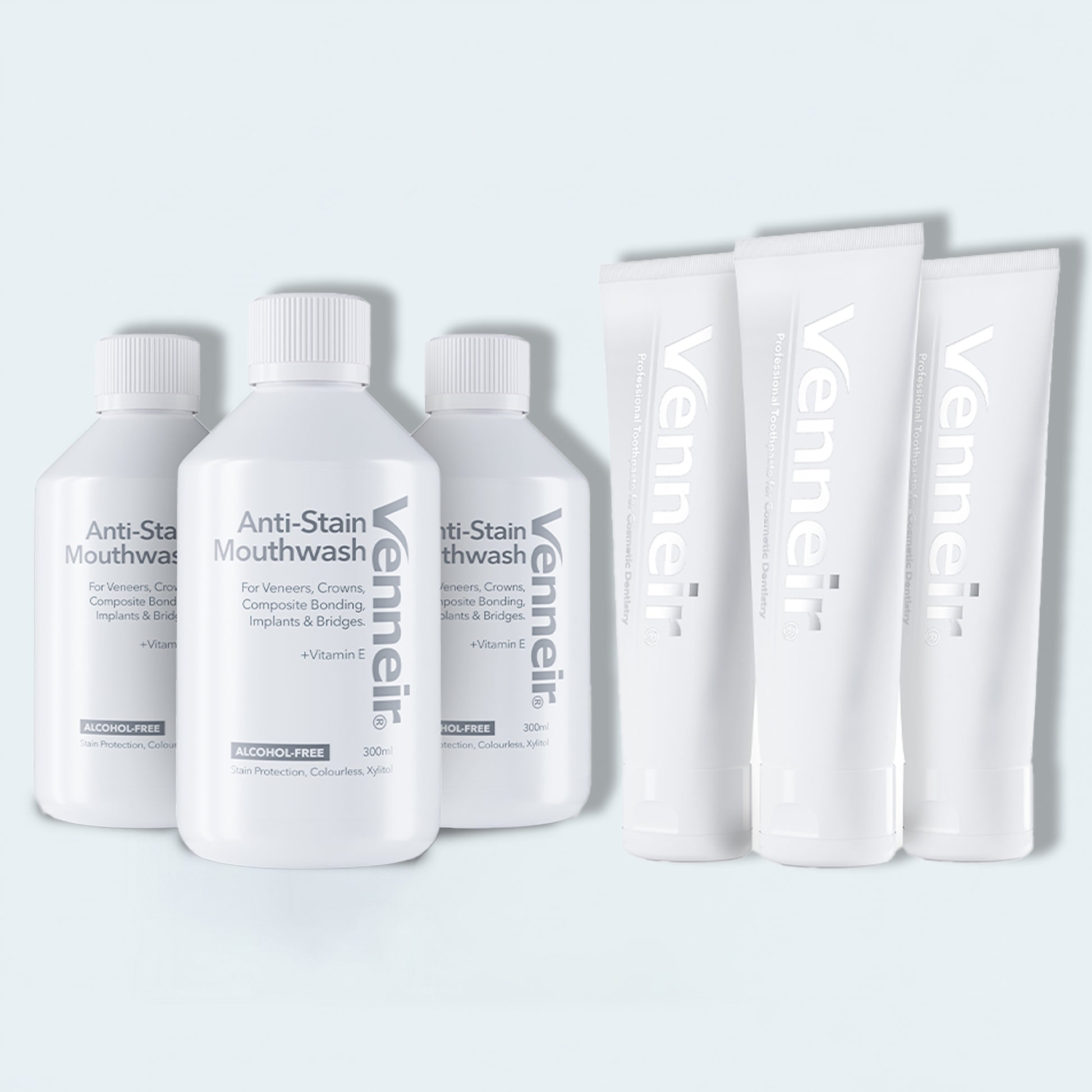 Venneir dental care products including mouthwash and toothpaste on a light gray background
