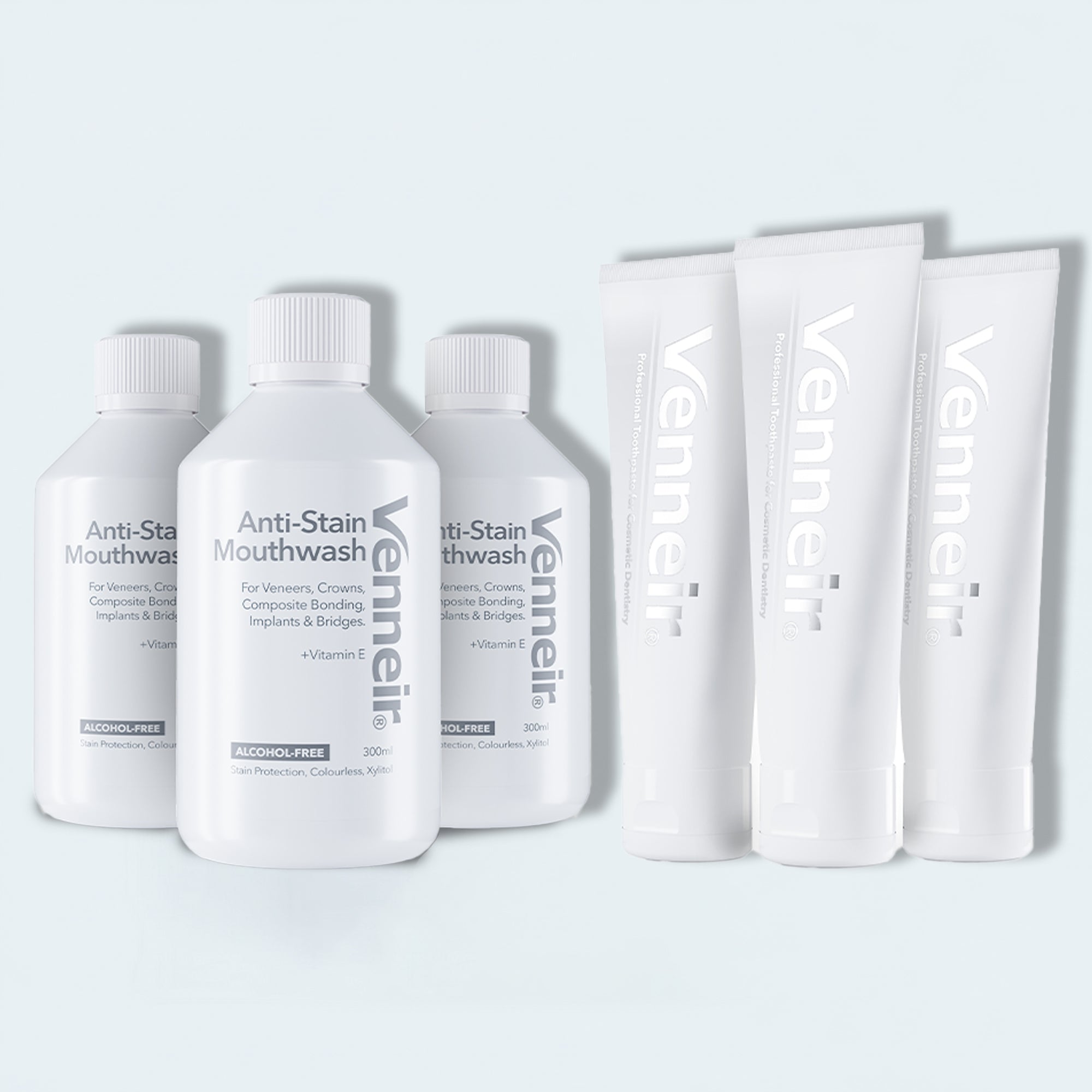 Venneir dental care products including mouthwash and toothpaste on a light gray background