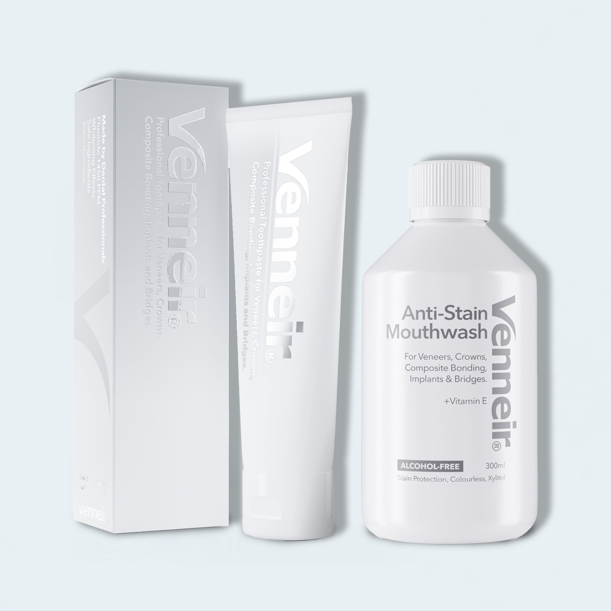 Venmeer Anti-Stain Mouthwash bottle and toothpaste on a light gray background