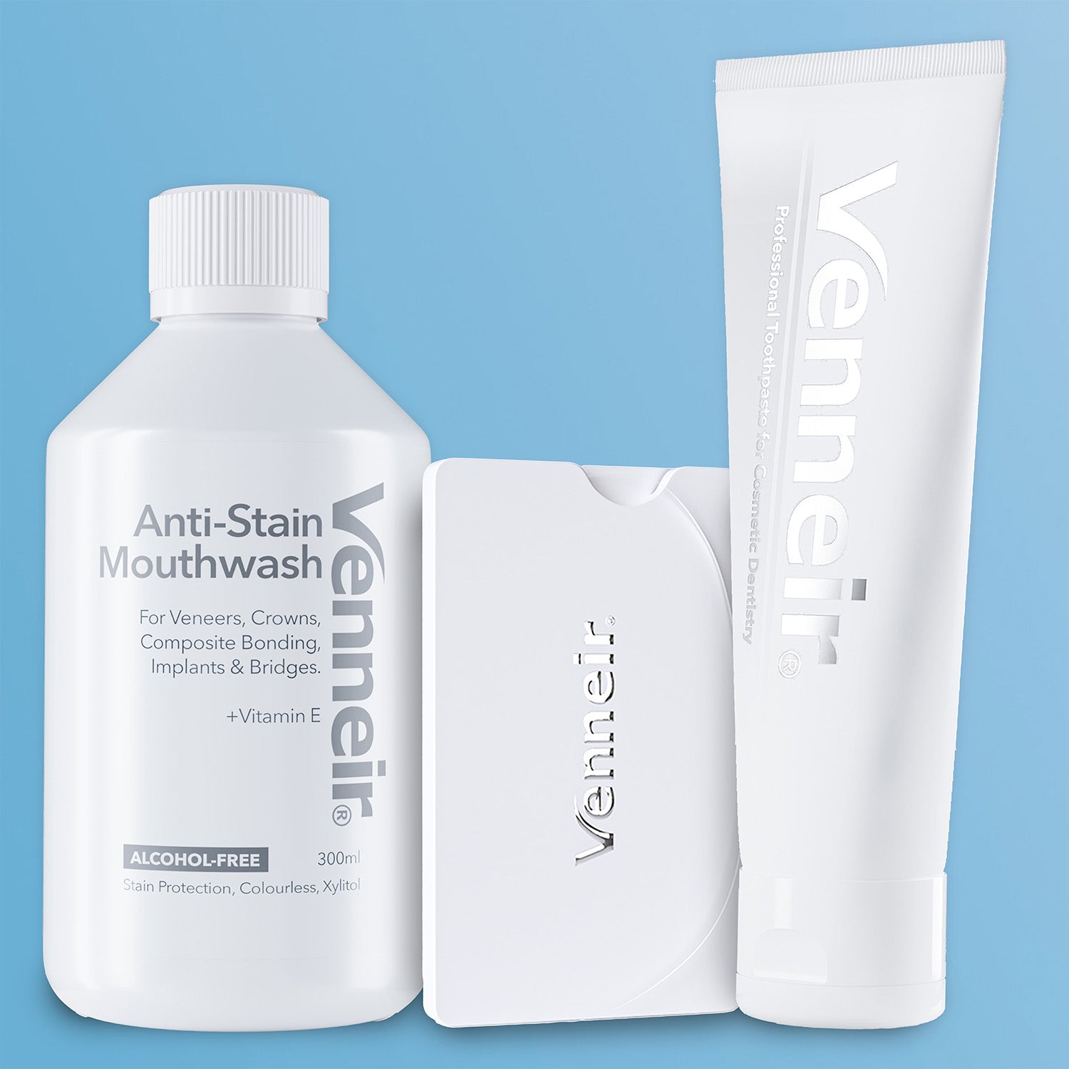Venneir dental care products including mouthwash, toothpaste, and dental flossing tape on a blue background
