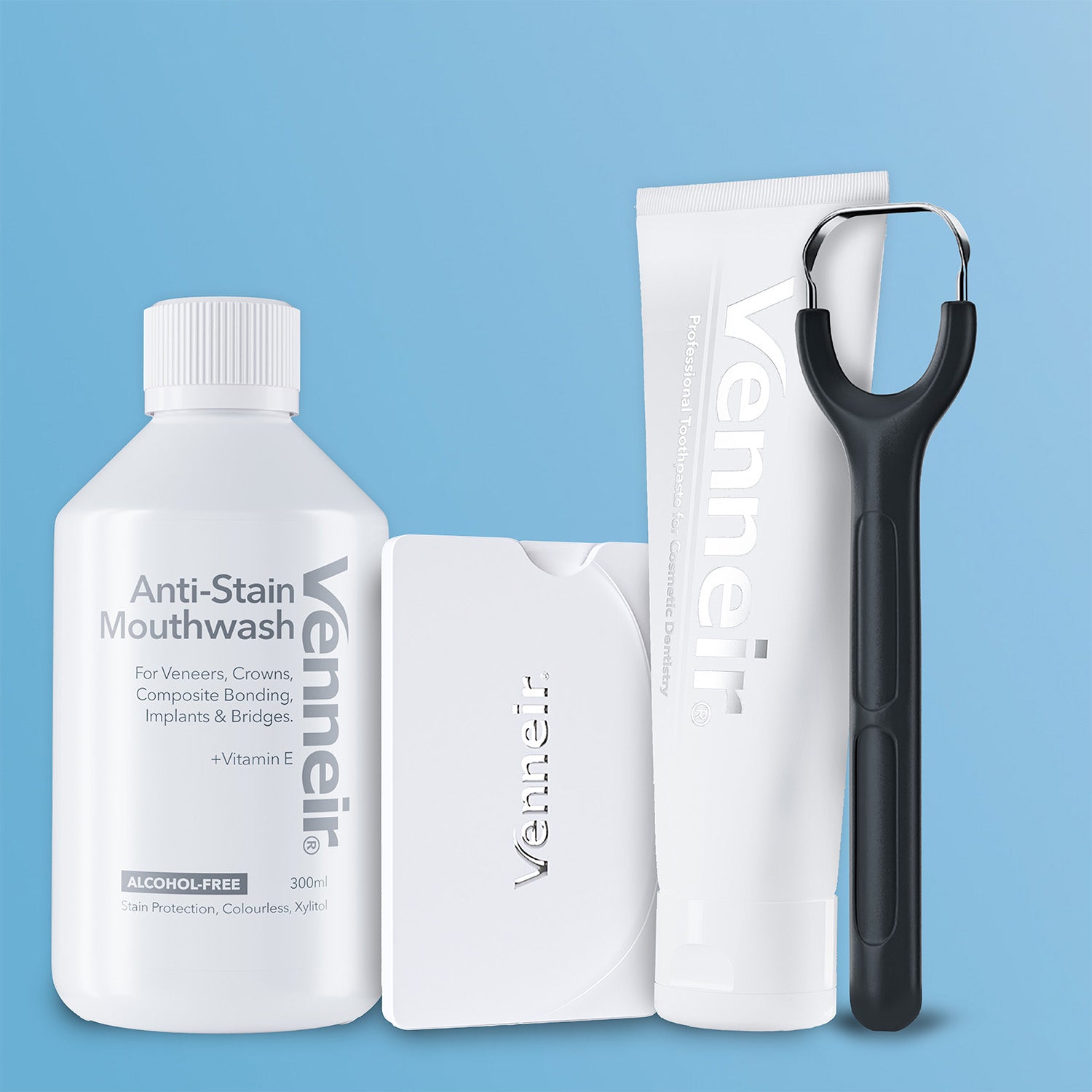 Venneir dental care products including mouthwash, toothpaste, and grey tongue scraper on a blue background