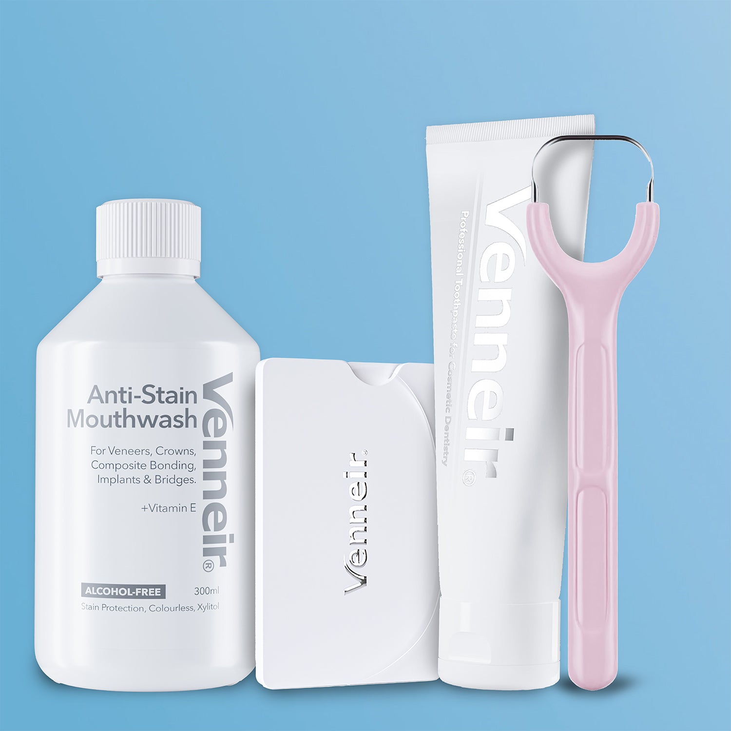Venneir dental care products including mouthwash, toothpaste, and pink tongue scraper on a blue background