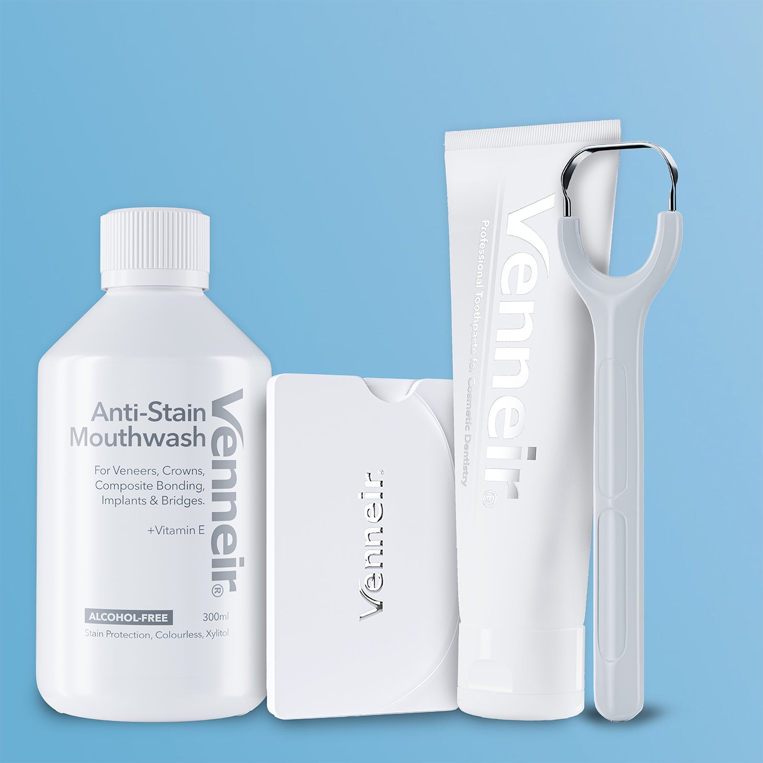 Venneir dental care products including mouthwash, toothpaste, and white tongue scraper on a blue background