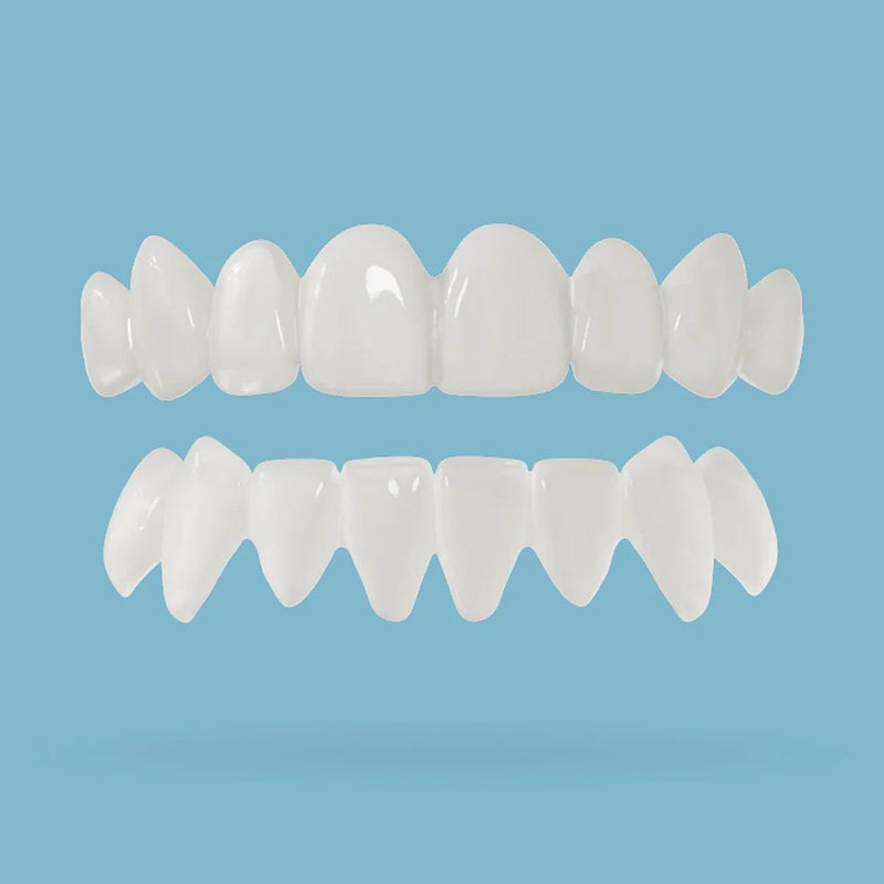 Set of white top and bottom snap on veneers on a blue background
