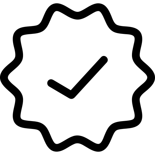 Black check mark icon with a decorative border on a white background