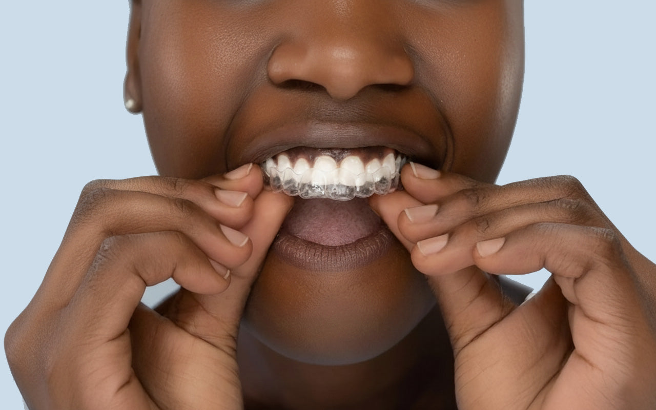 Woman wearing clear aligner light blue background